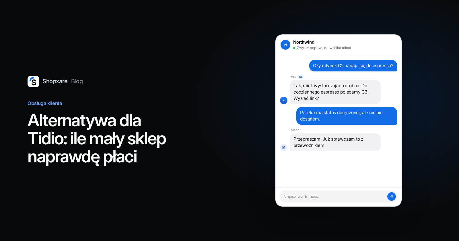 Okładka Shopxare: tytuł „Alternatywa dla Tidio” obok czatu na stronie, w którym AI odpowiada o produkcie, a konsultant zajmuje się dostawą