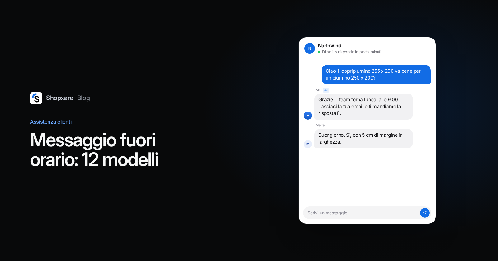 Copertina: "Messaggio fuori orario" con un Messenger che mostra una domanda serale, la risposta automatica con lunedì alle 9:00 e la risposta del team