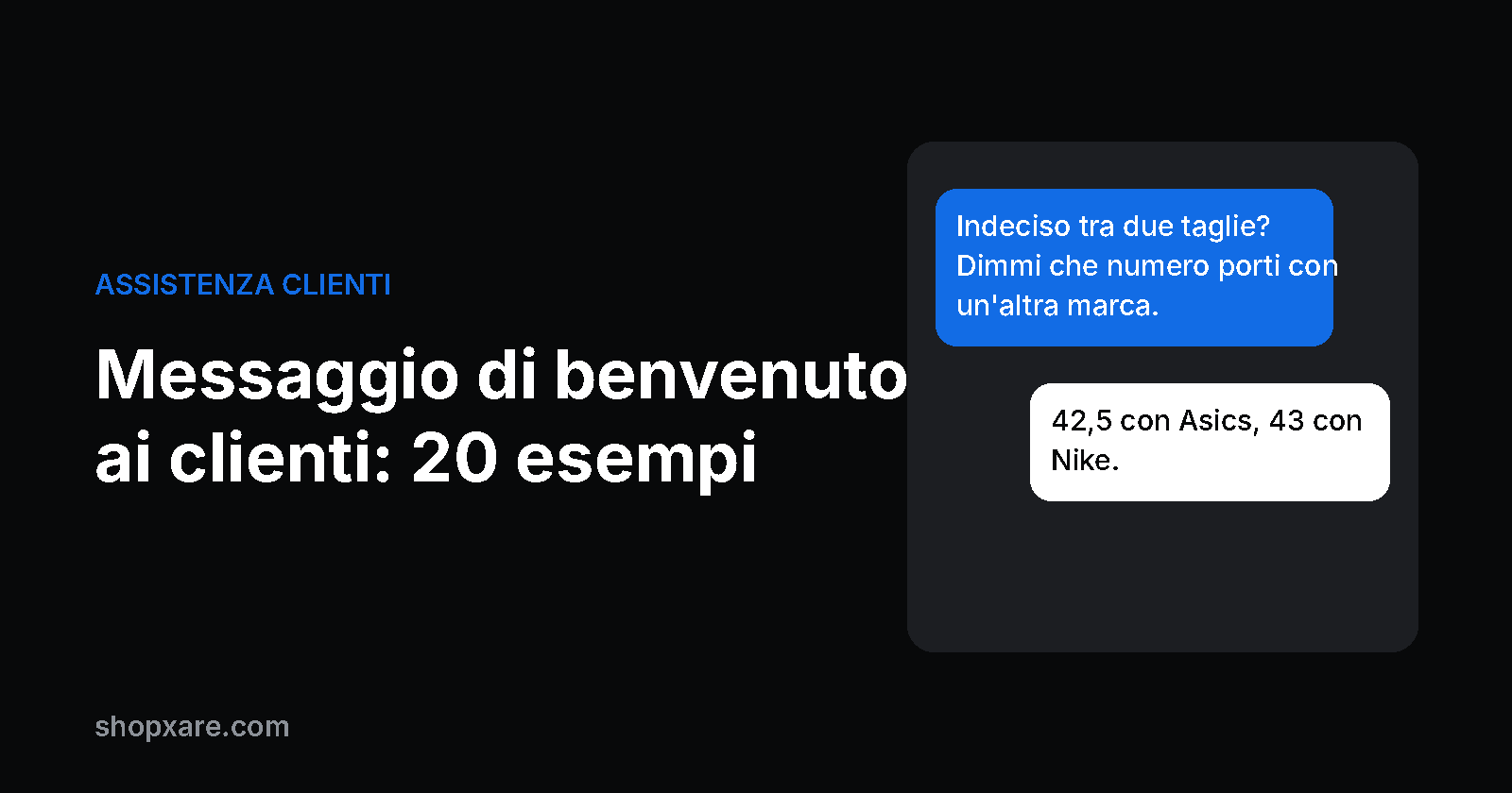 Copertina: titolo "Messaggio di benvenuto ai clienti: 20 esempi" accanto a una chat in cui un negozio aiuta un visitatore a scegliere la taglia.
