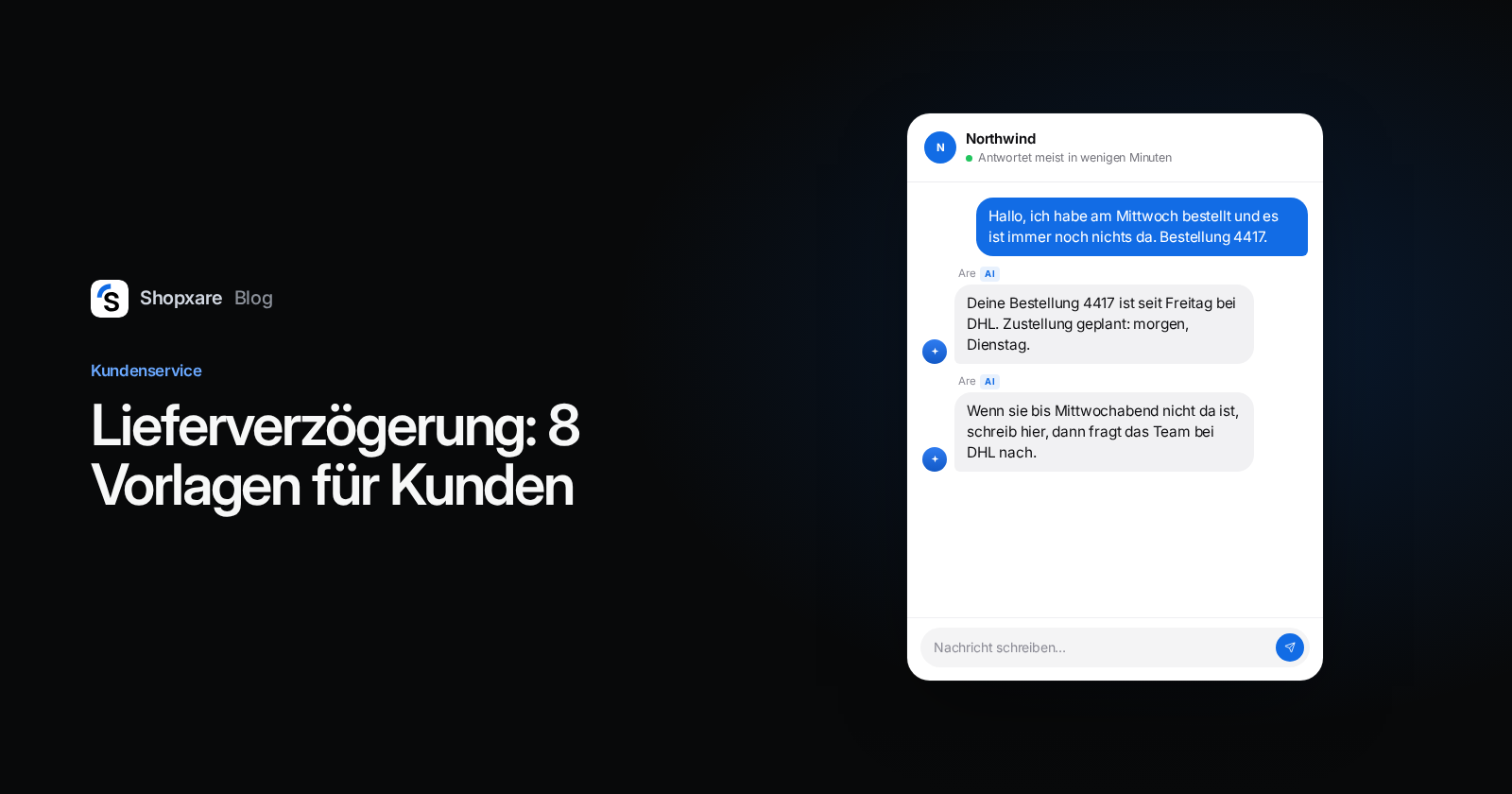 Cover: „Lieferverzögerung: 8 Vorlagen für Kunden“ neben einem Website-Chat, in dem Are AI einer Kundin den Liefertermin von Bestellung 4417 nennt