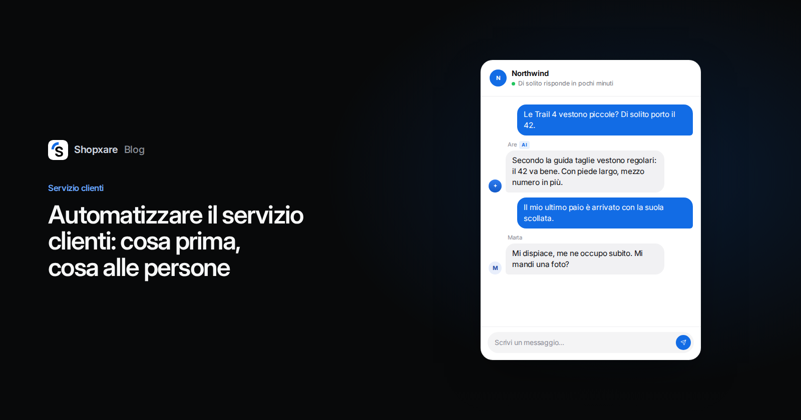 Copertina: titolo sull'automazione del servizio clienti e una chat del Messenger in cui l'IA risponde sulla taglia e un collega prende in carico un reclamo