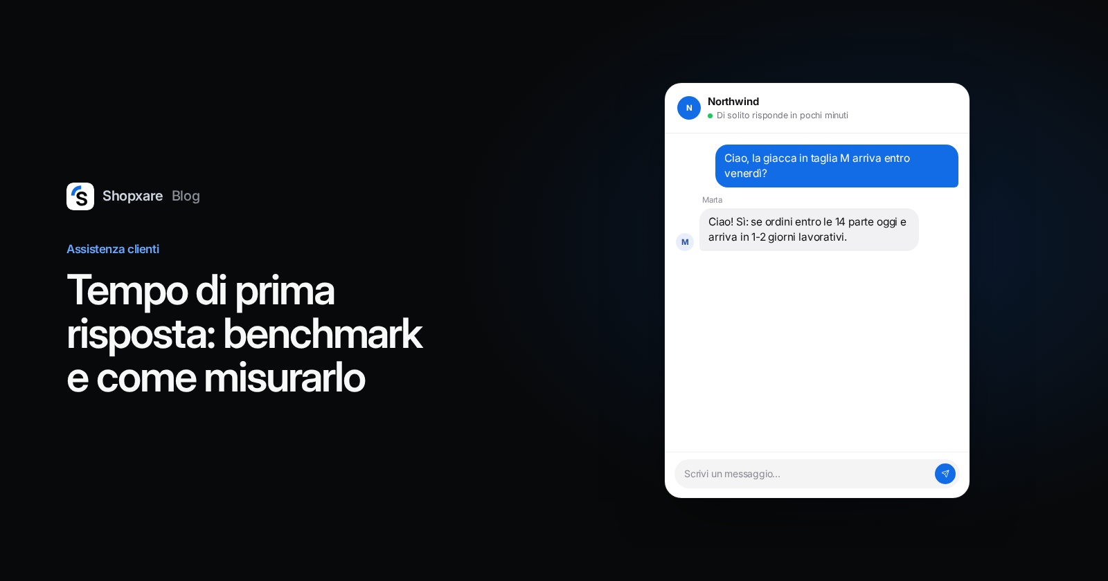 Copertina: titolo "Tempo di prima risposta" a sinistra e una chat nel Messenger a destra con una domanda sulla consegna e la risposta del negozio