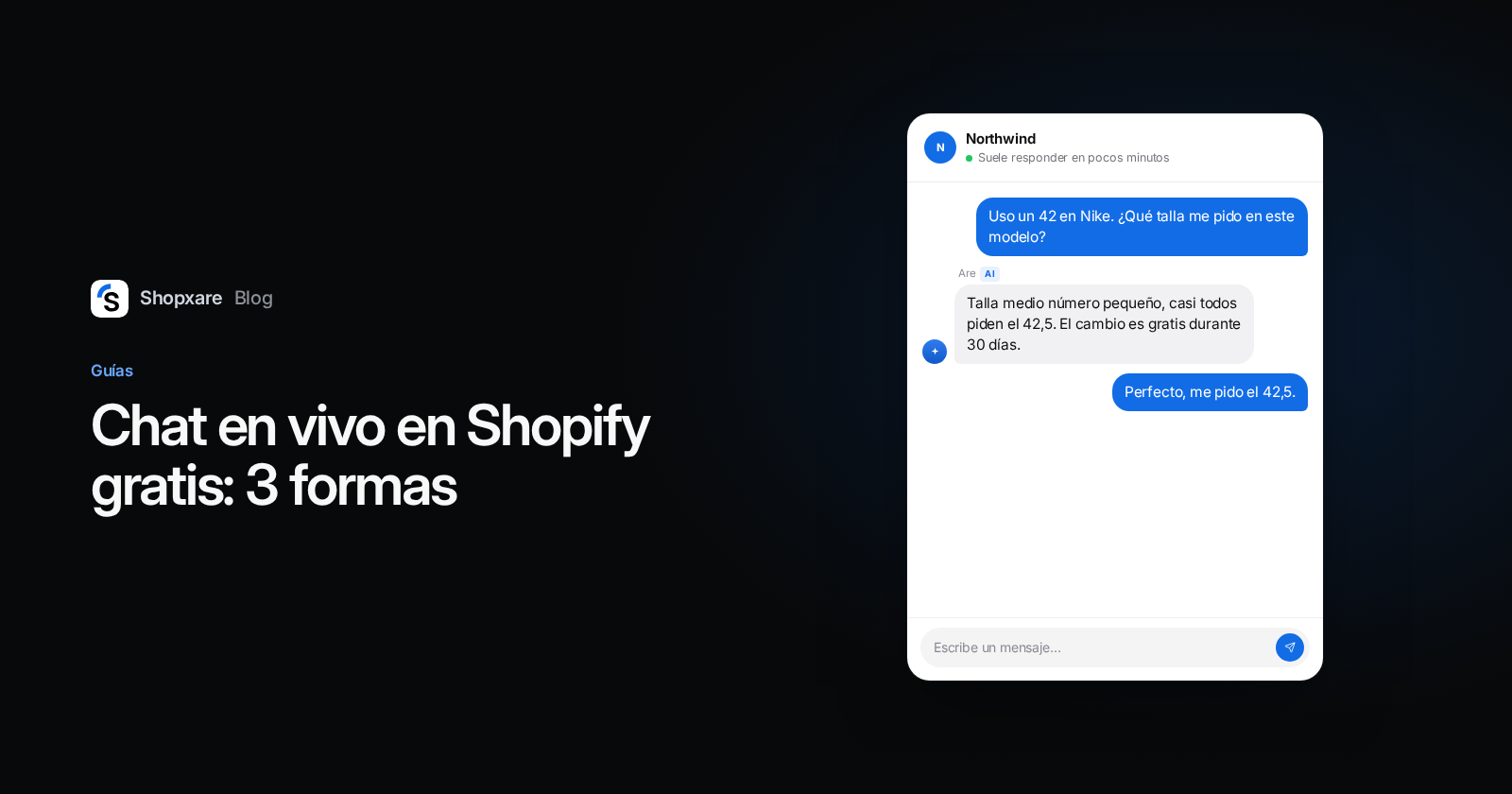 Portada: "Chat en vivo en Shopify gratis: 3 formas" junto al Messenger de Shopxare respondiendo una duda de talla