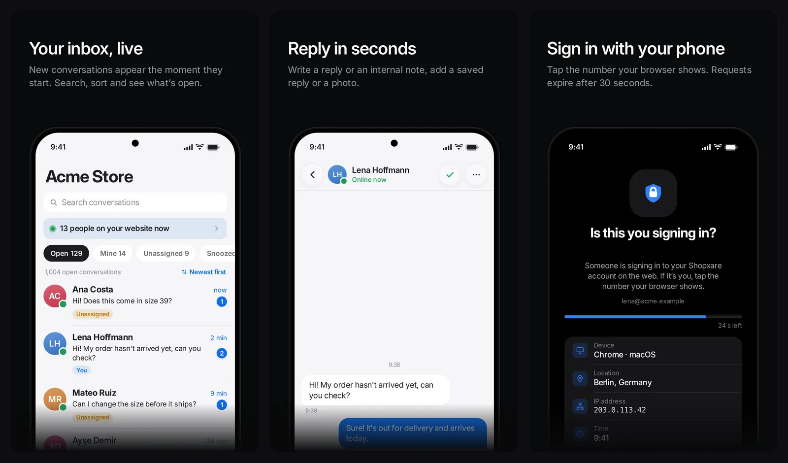 Shopxare Mobile : boîte de réception en direct, conversation et approbation des connexions