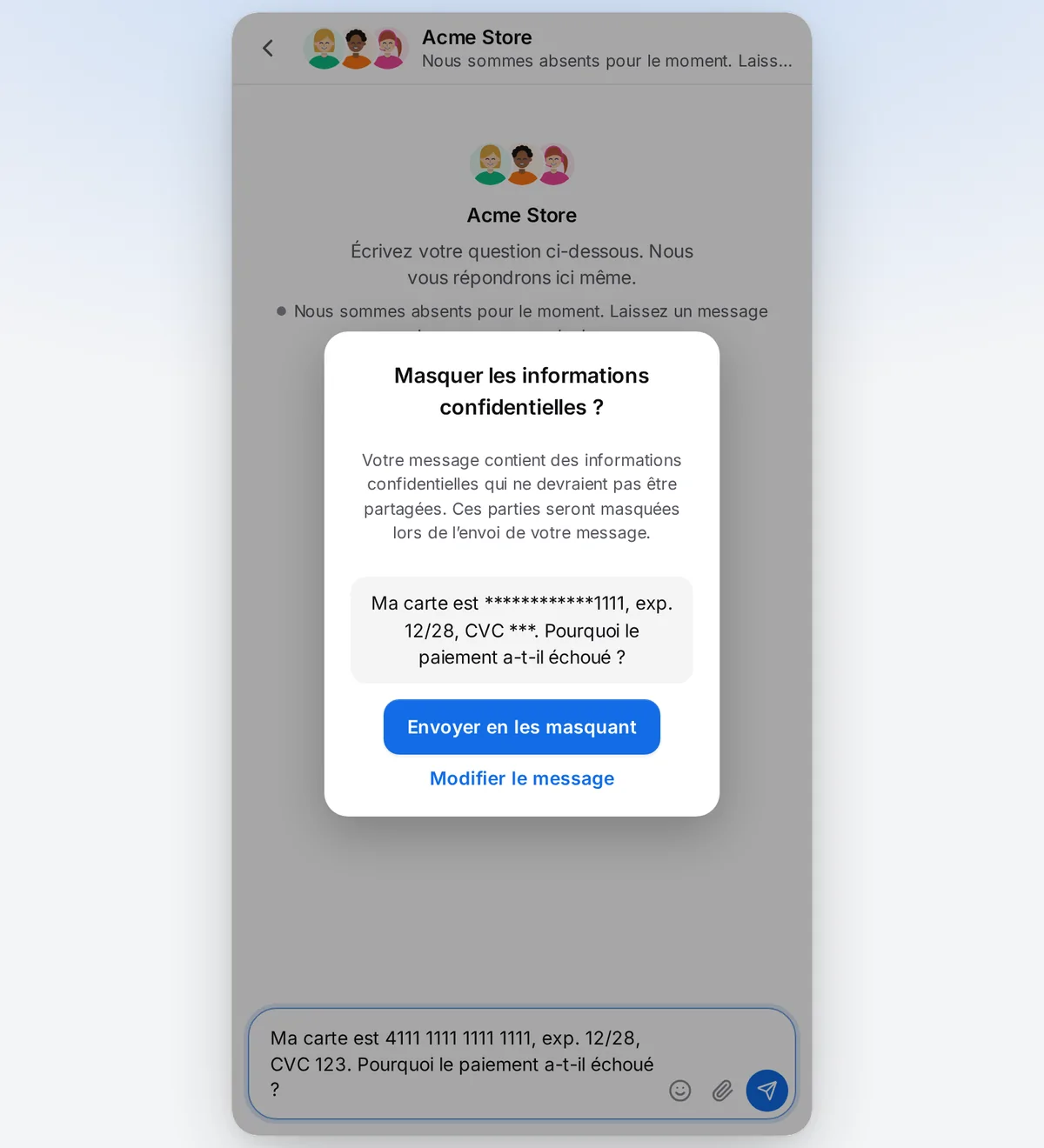 Le Messenger demande avant d’envoyer des informations confidentielles